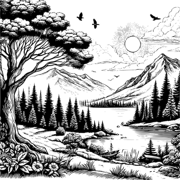 Vector handdrawn nature scenery in black outline style