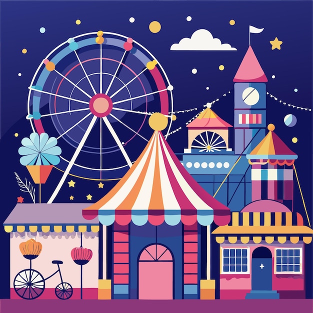 Vector handdrawn night market atmosphere ferris wheel and funfair