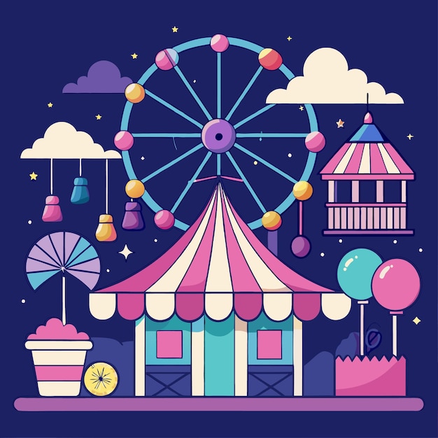 Vector handdrawn night market atmosphere ferris wheel and funfair