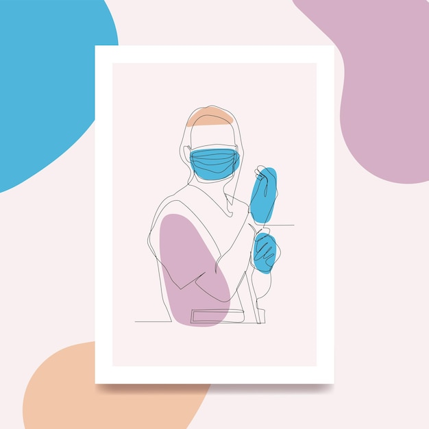 Handdrawn oneline art poster of a female nurse putting on gloves while wearing a mask