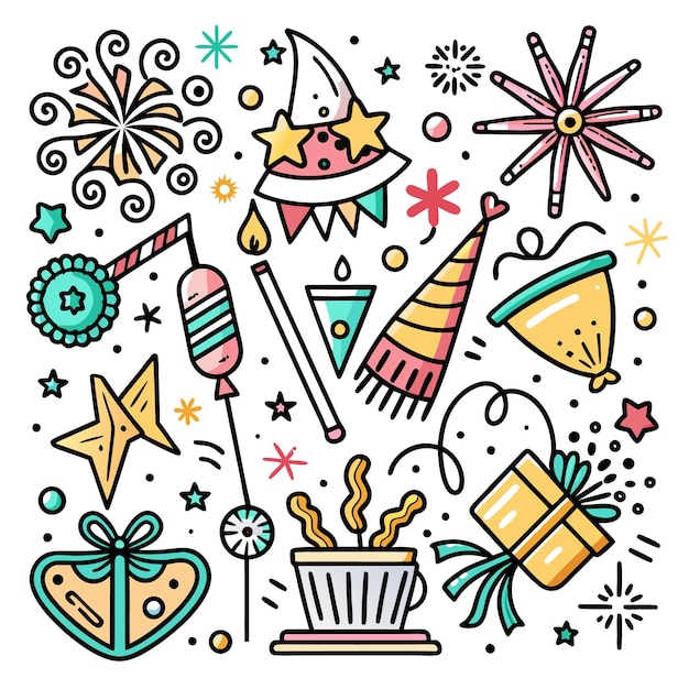 Vector handdrawn party celebration doodles with gifts fireworks stars and a cup of coffee