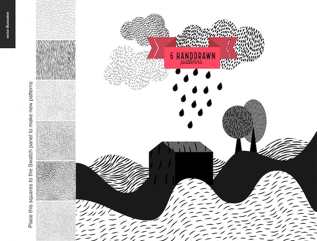 Handdrawn patterns with a landscape