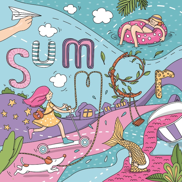 Handdrawn poster on the theme of summer in the doodle style