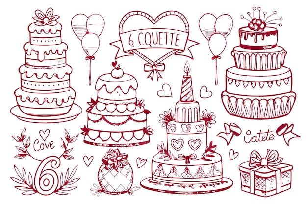 Handdrawn red doodle set with cakes balloons presents hearts and swirls for birthday party and celebration