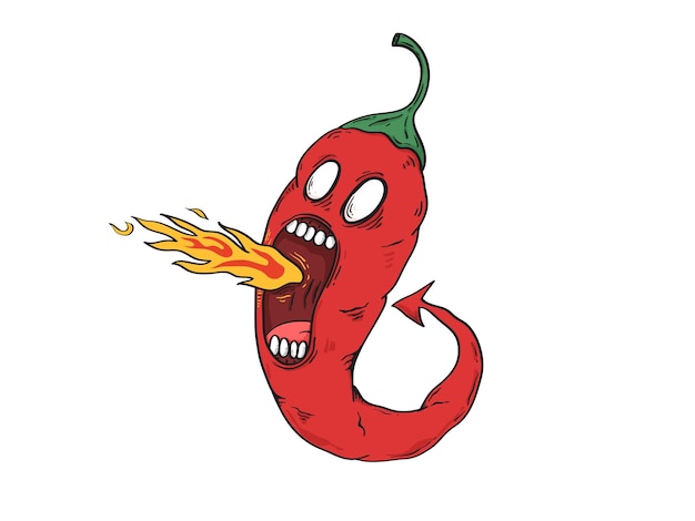 Handdrawn red extremely hot chilli pepper cartoon character on fire