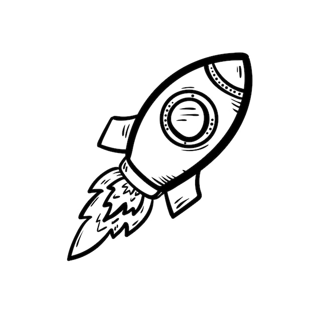 Handdrawn rocket doodle icon. Hand drawn black sketch. Sign symbol. Decoration element. White background. Isolated. Flat design. Vector illustration.