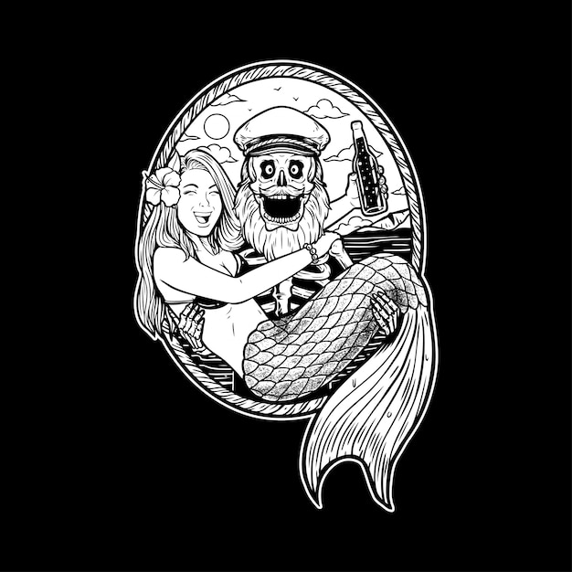 Handdrawn sailor skull carying mermaid