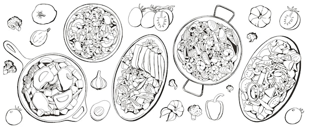 Vector handdrawn salads healthy food sketch set vector outline illustration