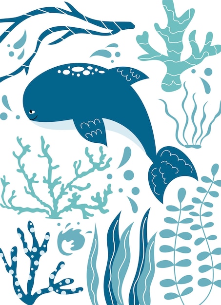 Handdrawn sea poster with whale seaweeds and coral in blue color Vector design on white background