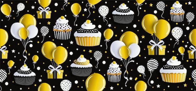 A handdrawn seamless happy birthday pattern design with balloons cakes gift boxes vector