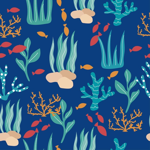 Handdrawn seamless pattern on a blue background with marine plants seaweeds corals and small fish