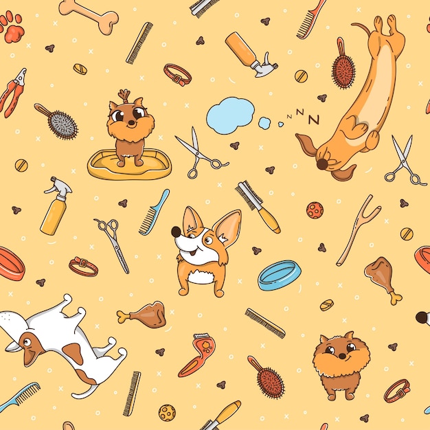 Handdrawn seamless pattern on the theme of dog care