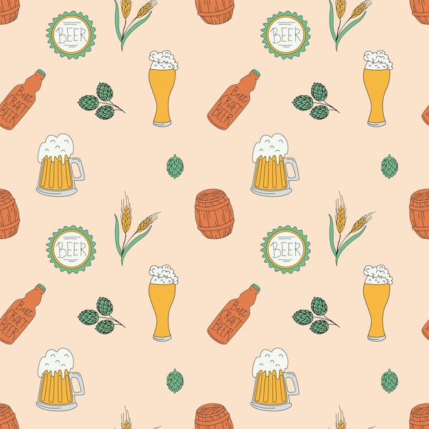 Handdrawn seamless pattern with a beer theme Glasses with beer hops bottles and more