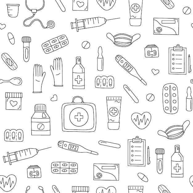 Handdrawn seamless pattern with medicines and first aid supplies Vector illustration isolated on white background