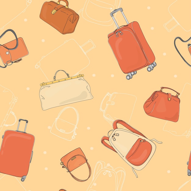 Handdrawn seamless pattern with travel bags and suitcases