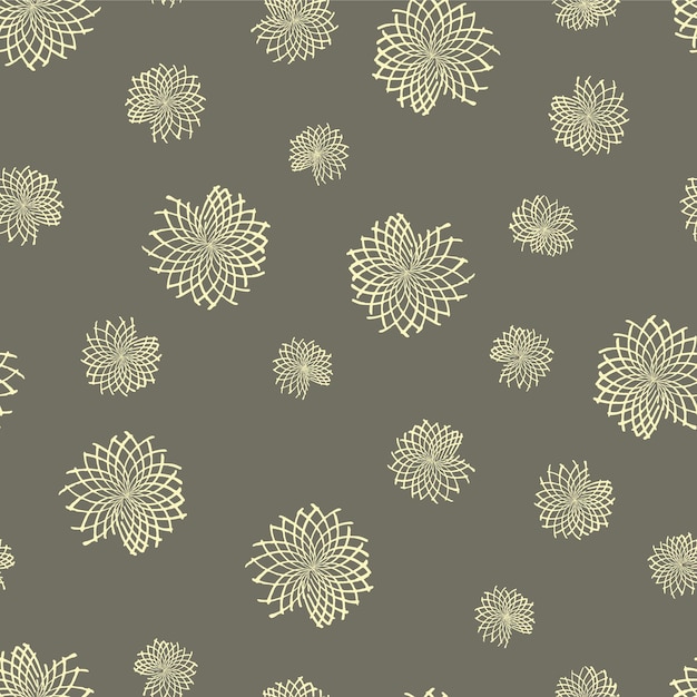 Handdrawn seamless scandinavian floral pattern yellow line art abstract round flowers on a gray background minimalistic retro style Vector for design of fabrics packaging wrapping bedding