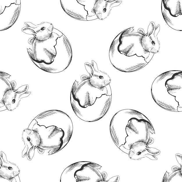 Handdrawn seamless sketch pattern of bunny in the shell Easter Holiday Vector illustration Vintage style