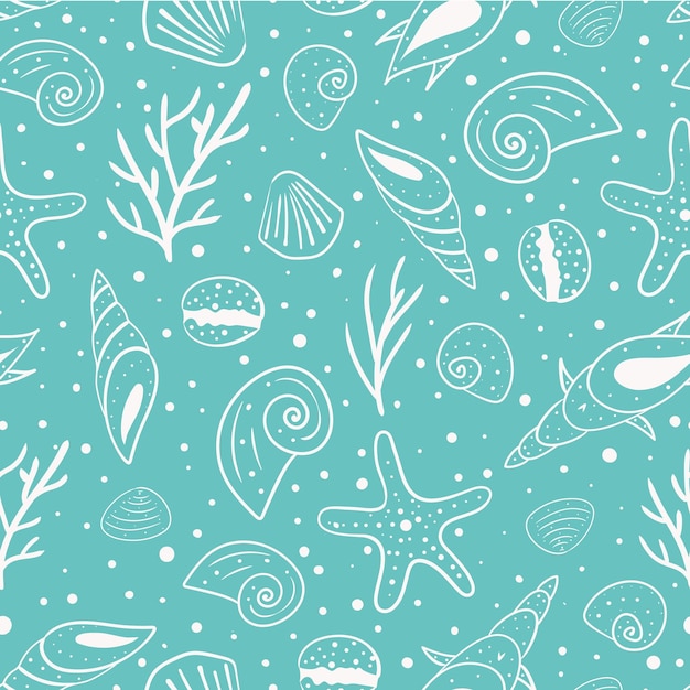 Handdrawn seashells on a turquoise background seamless pattern