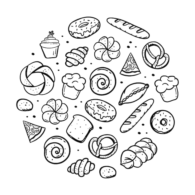 A handdrawn set of bakery items elements bretzel croissant bread donut baguette Vector doodle sketch