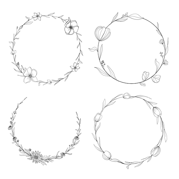 Handdrawn set of circle floral wreaths Border floral frame for banner wedding greeting card design