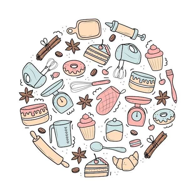 Handdrawn set of elements for baking Doodle style