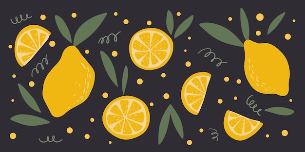 Handdrawn set of lemon fruit icon Lemon slices Fresh citrus half sliced lemons and chopped lemon