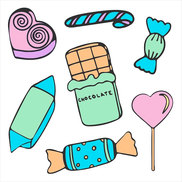 Handdrawn Set of Pastel Sweets Colored Candy Collection