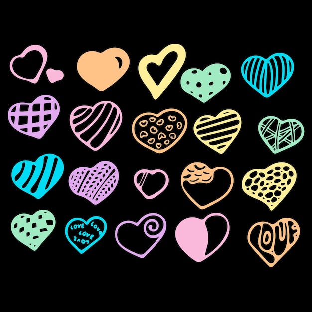 HandDrawn Set Of Pastel Vector Hearts On Black Background