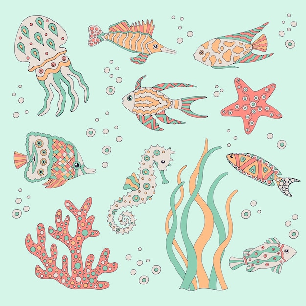 Handdrawn set of sea fish