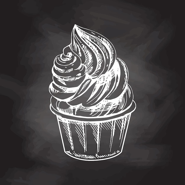 Handdrawn sketch of frozen yogurt or soft ice cream cupcake in a cup isolated on chalkboard background white drawing Vector vintage engraved illustrationx9