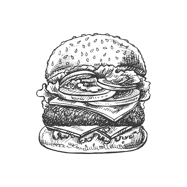 Handdrawn sketch of great delicious sandwich burger hamburger isolated on white background Fast food vintage illustration Element for the design of labels packaging and postcardsxA