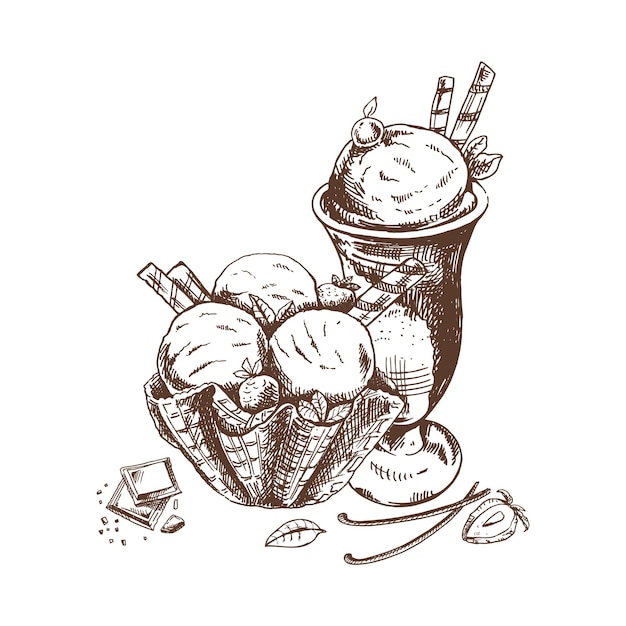 A handdrawn sketch of ice cream balls in a waffle basket and ice cream in a cupVintage illustration Element for the design of labels packaging and postcards