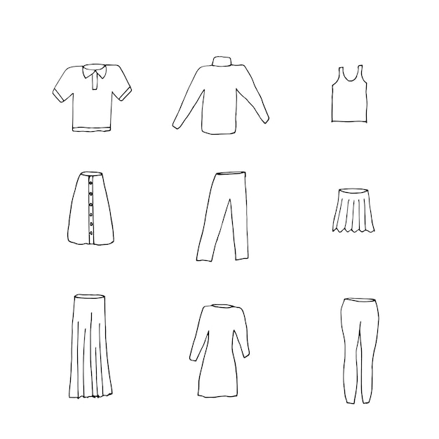 Handdrawn sketch set of different women's fashion clothes from sweaters dresses trousers jackets