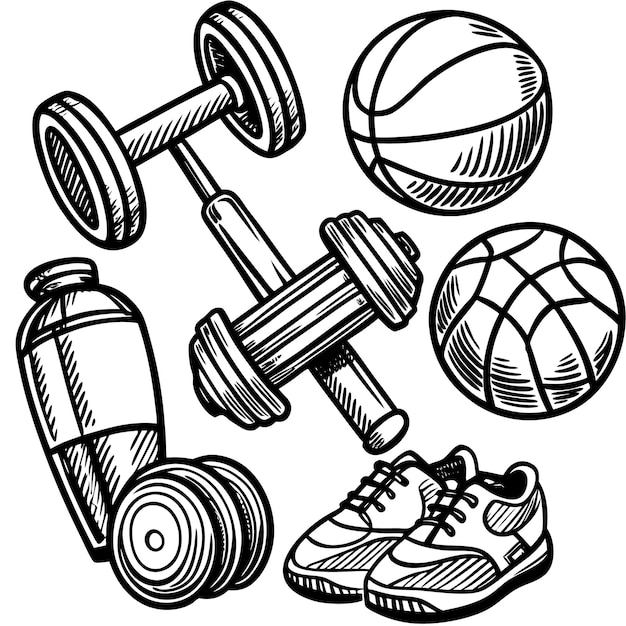 Vector handdrawn sketch of sports equipment including a pair of sneakers two dumbbells a basketball and a water bottle