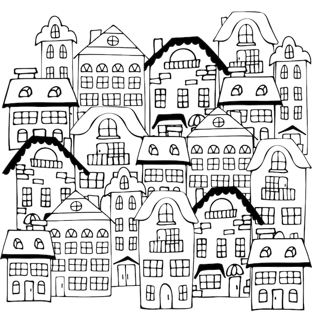 Handdrawn sketch with town houses on a white background Children's coloring City with buildings