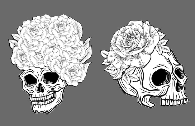 Vector handdrawn skull with rose