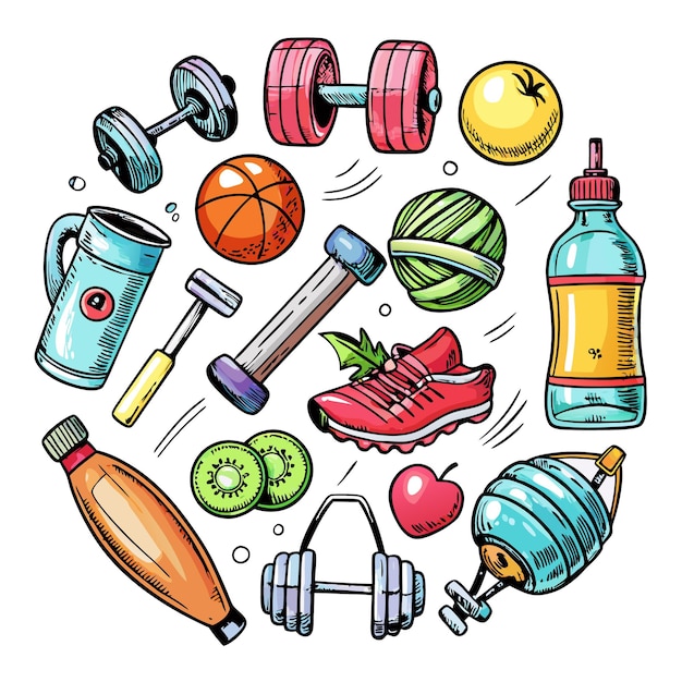 Vector handdrawn sports and fitness icons illustration of a dumbbell a water bottle a basketball a kiwi an apple and a shoe