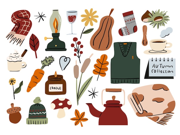 Vector handdrawn spot illustrations of cozy autumn comfort items