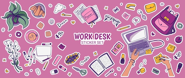 Vector handdrawn stationery element sticker set doodle work desk top view school and work equipment