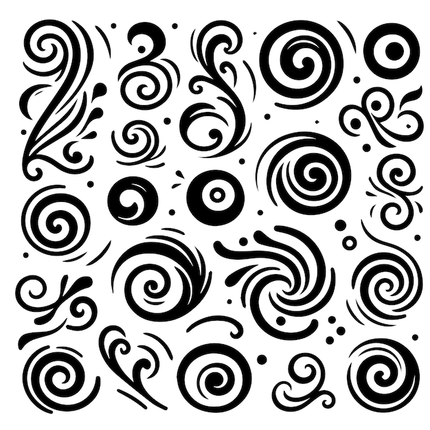 Vector handdrawn swirls on clean white background variety of shapes and sizes