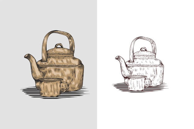 Handdrawn tea cup and tea kettle illustration in engraving style for menu or cafe