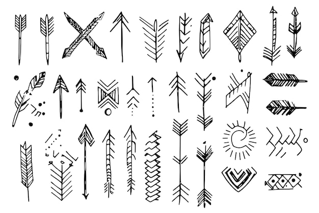 Vector handdrawn tribal arrow collection artistic arrows with feathers and geometric patterns