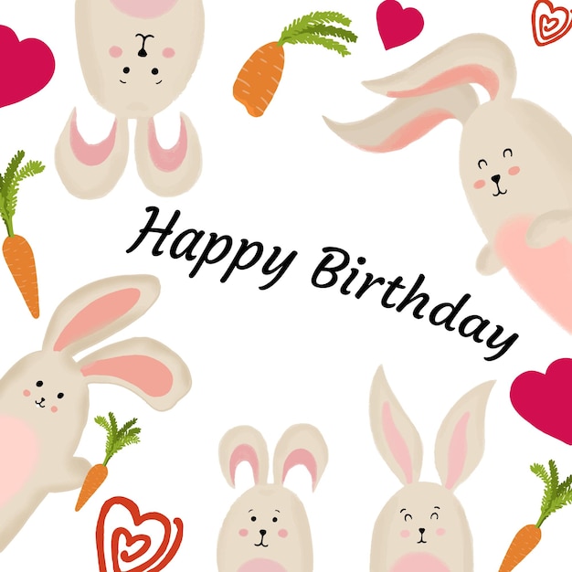 Handdrawn vector birthday card with cute bunnies