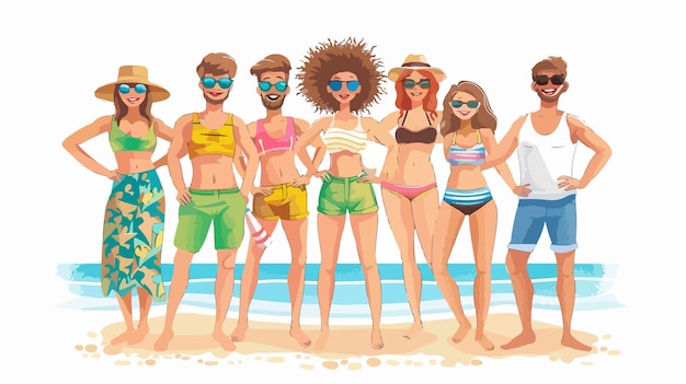 Handdrawn Vector Company of Young People on the Beach