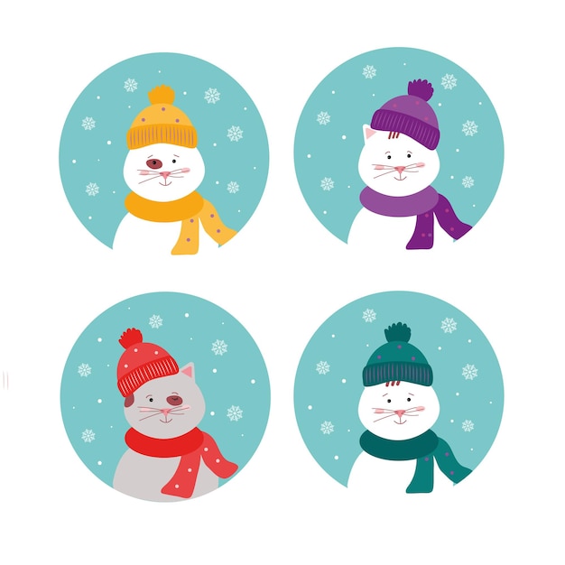 Handdrawn vector cute portraits of a cat in a hat and scarf on a blue background with snowflakes