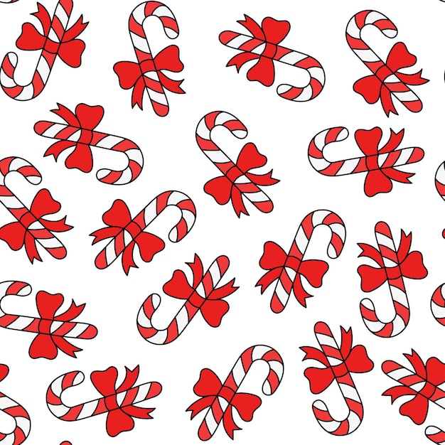 Handdrawn vector doodlestyle pattern with Christmas cane candy with a bow