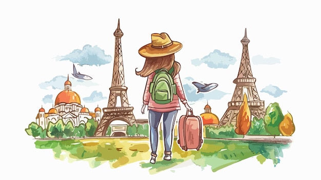 Vector handdrawn vector of a girl visiting tourist attractions