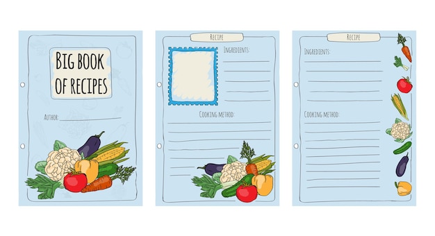 Handdrawn vector illustration of a cookbook for recording recipes with photos