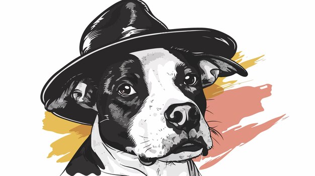 Vector handdrawn vector illustration of dog wearing hat on color spot background