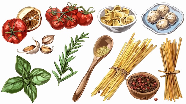 Vector handdrawn vector ingredients for pasta isolated on white background